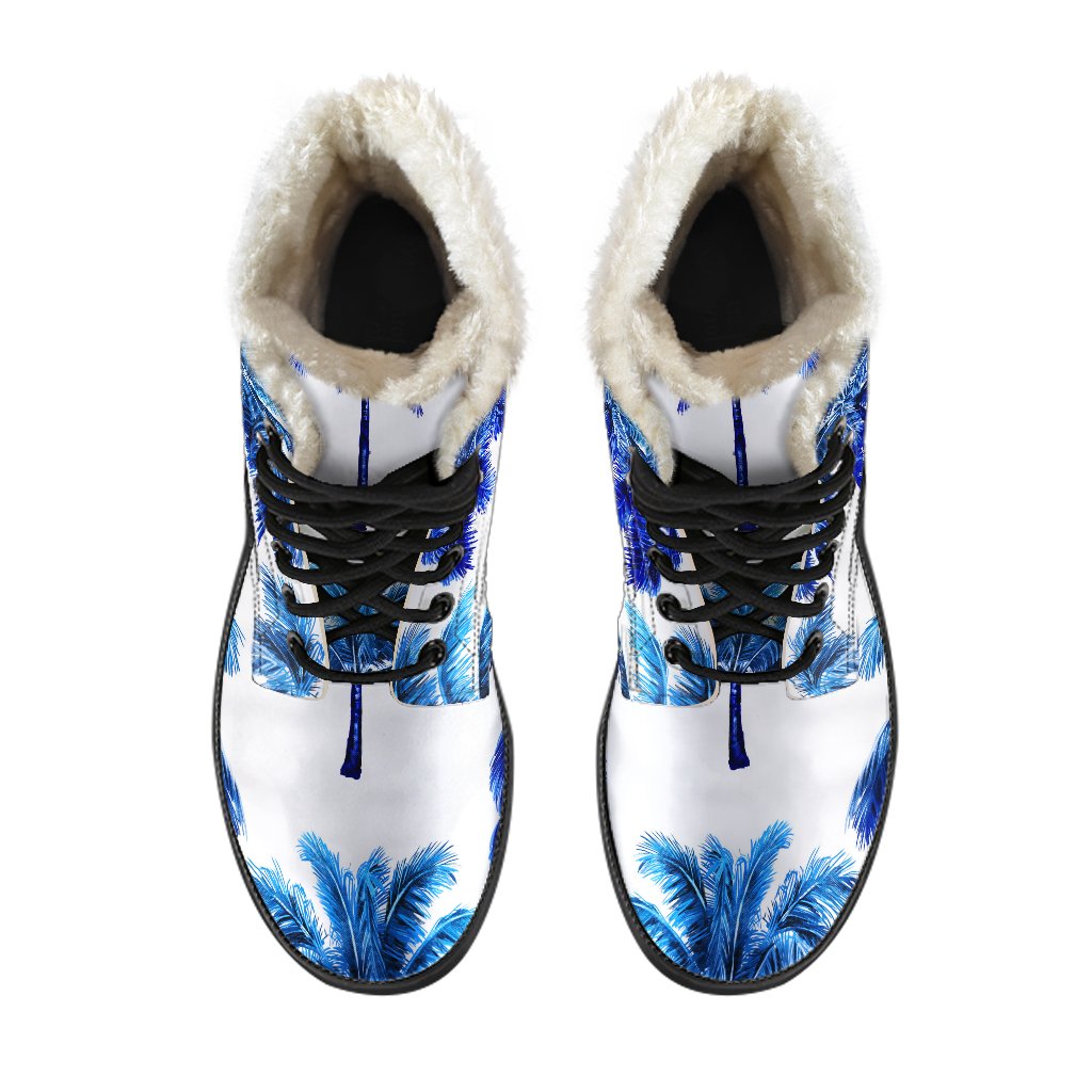 Blue Palm Tree Faux Fur Leather Hippie Boots - 4