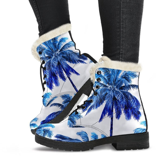 Blue Palm Tree Faux Fur Leather Hippie Boots - 1