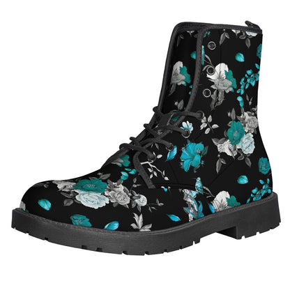 Flower Power: Blue Peony and Grey Rose Floral Print Leather Lightweight Boots for Trendy Hippies - 1