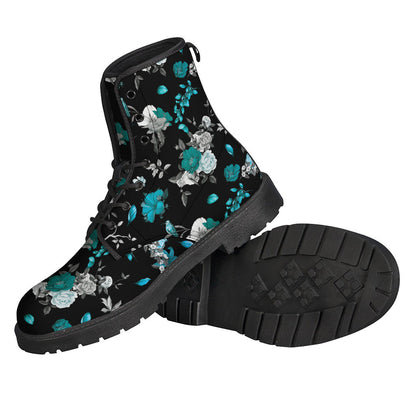 Flower Power: Blue Peony and Grey Rose Floral Print Leather Lightweight Boots for Trendy Hippies - 2