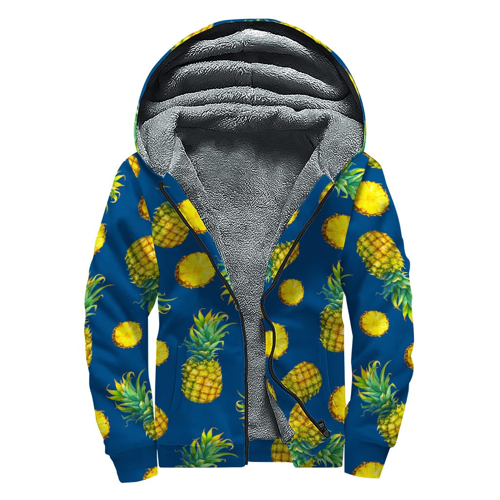 Blue Pineapple Pattern Print Sherpa Lined Zip Up Hoodie for Boho-Chic Hippies - 1