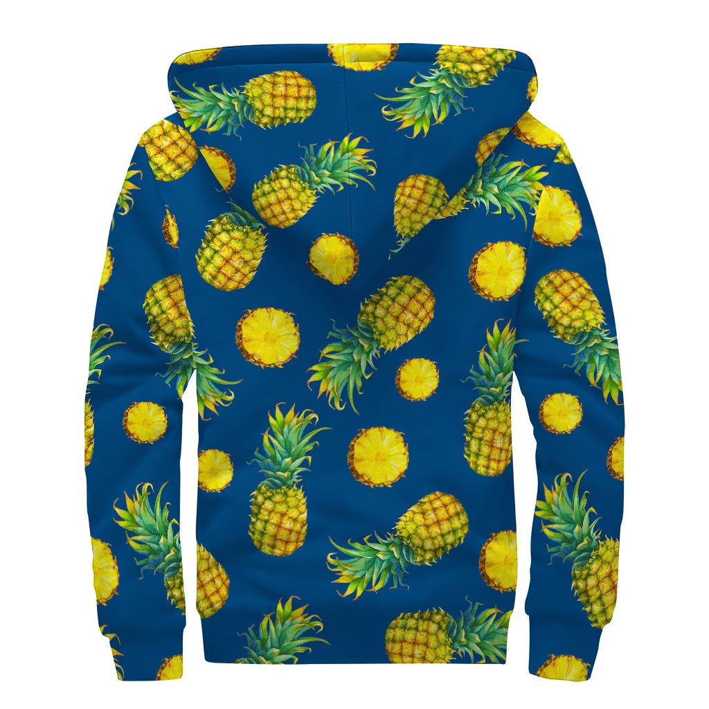 Blue Pineapple Pattern Print Sherpa Lined Zip Up Hoodie for Boho-Chic Hippies - 2