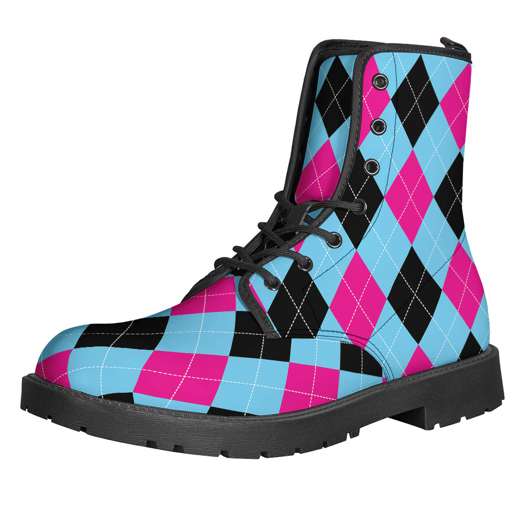 Blue, Pink, and Black Argyle Pattern Print Leather Lightweight Boots for the Free-Spirited Hippie - 1