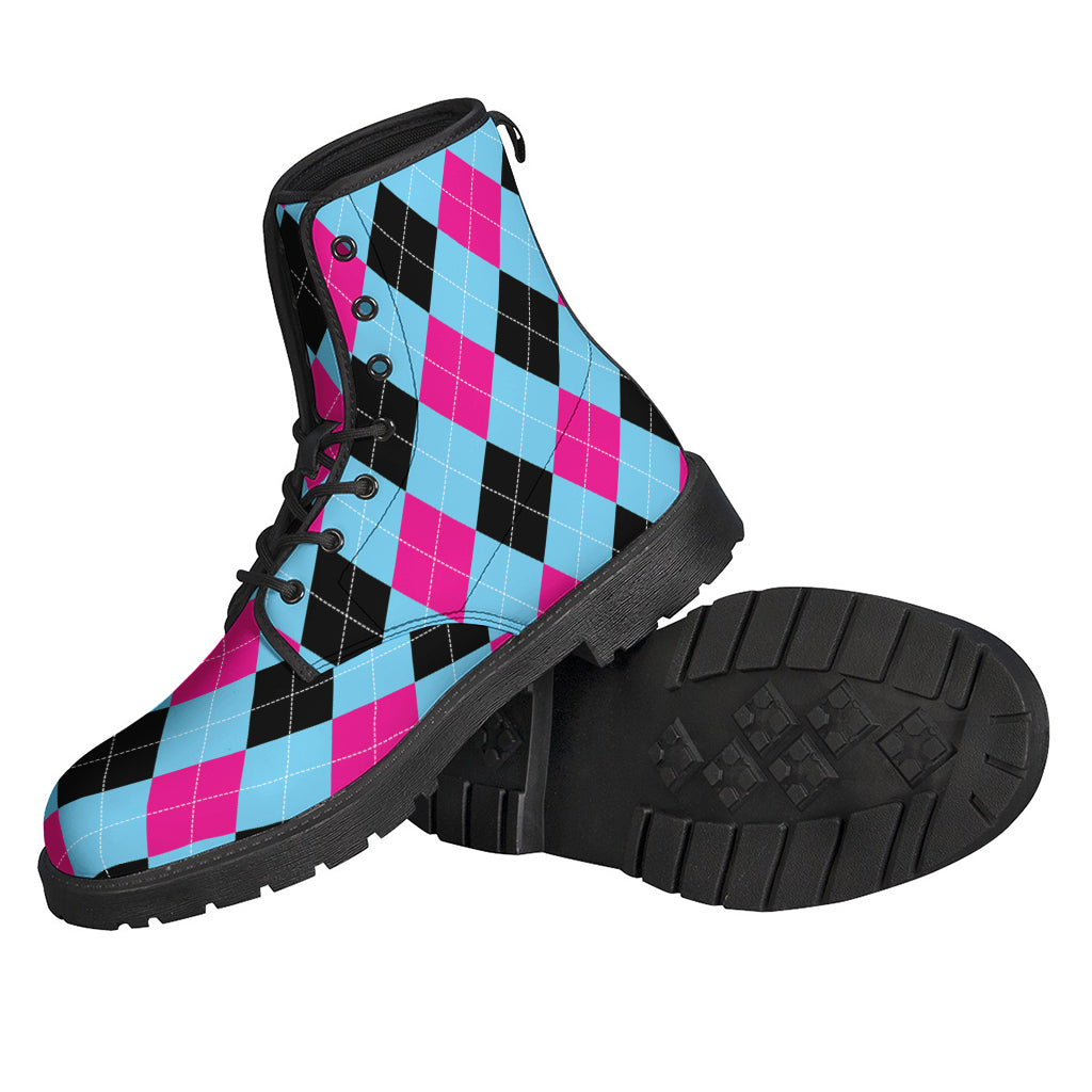 Blue, Pink, and Black Argyle Pattern Print Leather Lightweight Boots for the Free-Spirited Hippie - 2