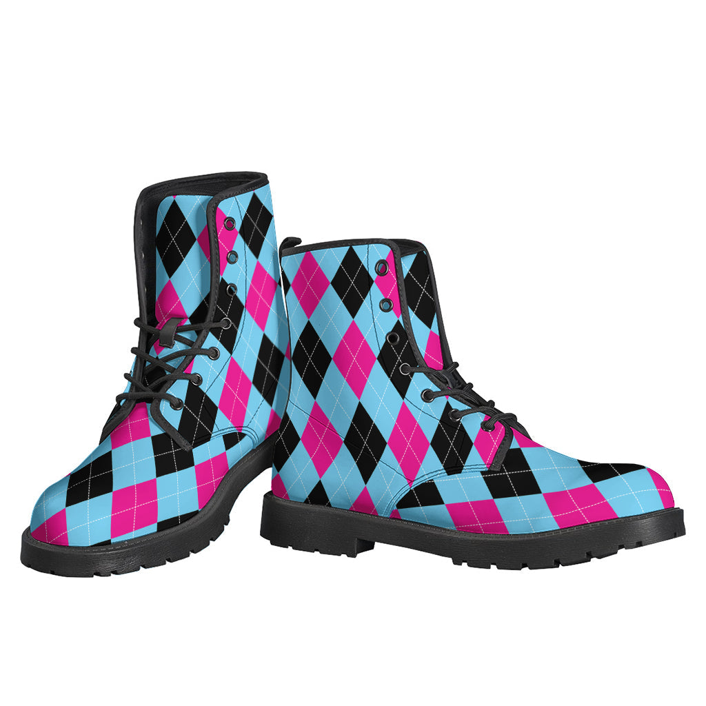 Blue, Pink, and Black Argyle Pattern Print Leather Lightweight Boots for the Free-Spirited Hippie - 3