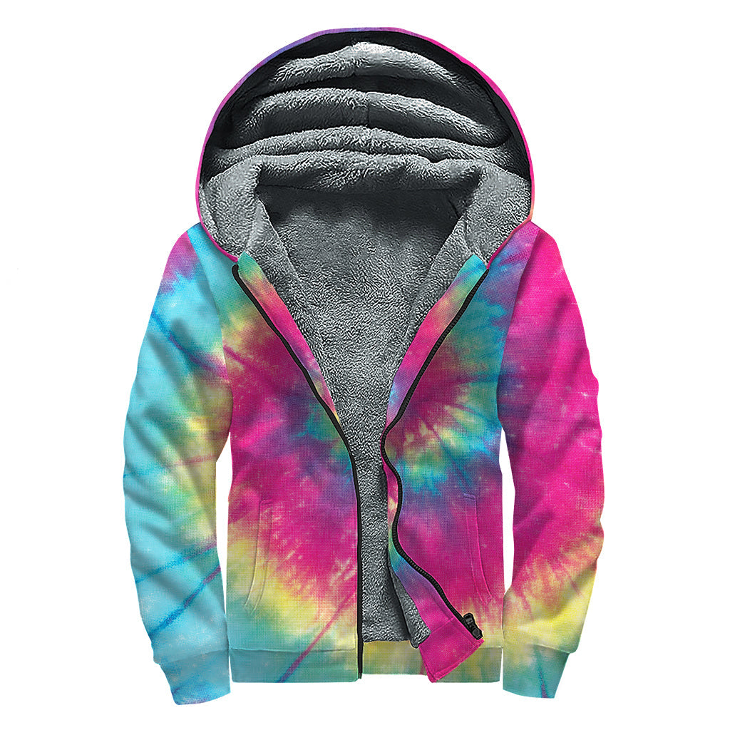 Groovy Vibes: Blue, Pink, and Yellow Tie-Dye Sherpa Lined Zip Up Hoodie - 1