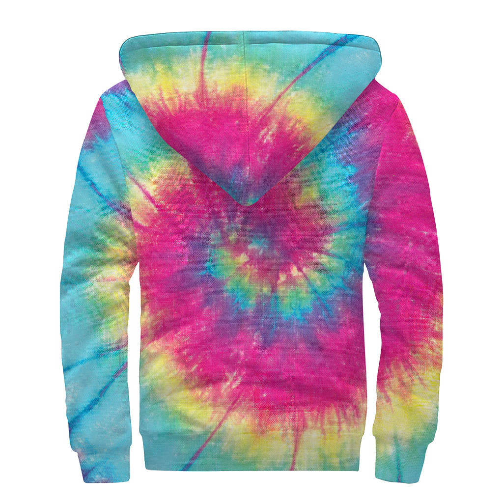 Groovy Vibes: Blue, Pink, and Yellow Tie-Dye Sherpa Lined Zip Up Hoodie - 2