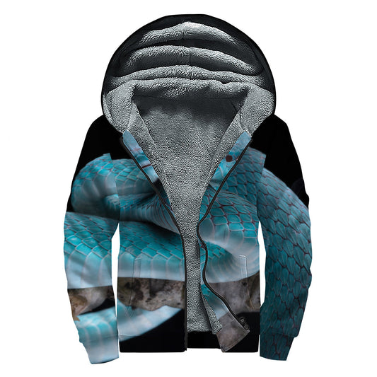 Blue Pit Viper Snake Print Hippie Sherpa Lined Zip Up Hoodie - 1