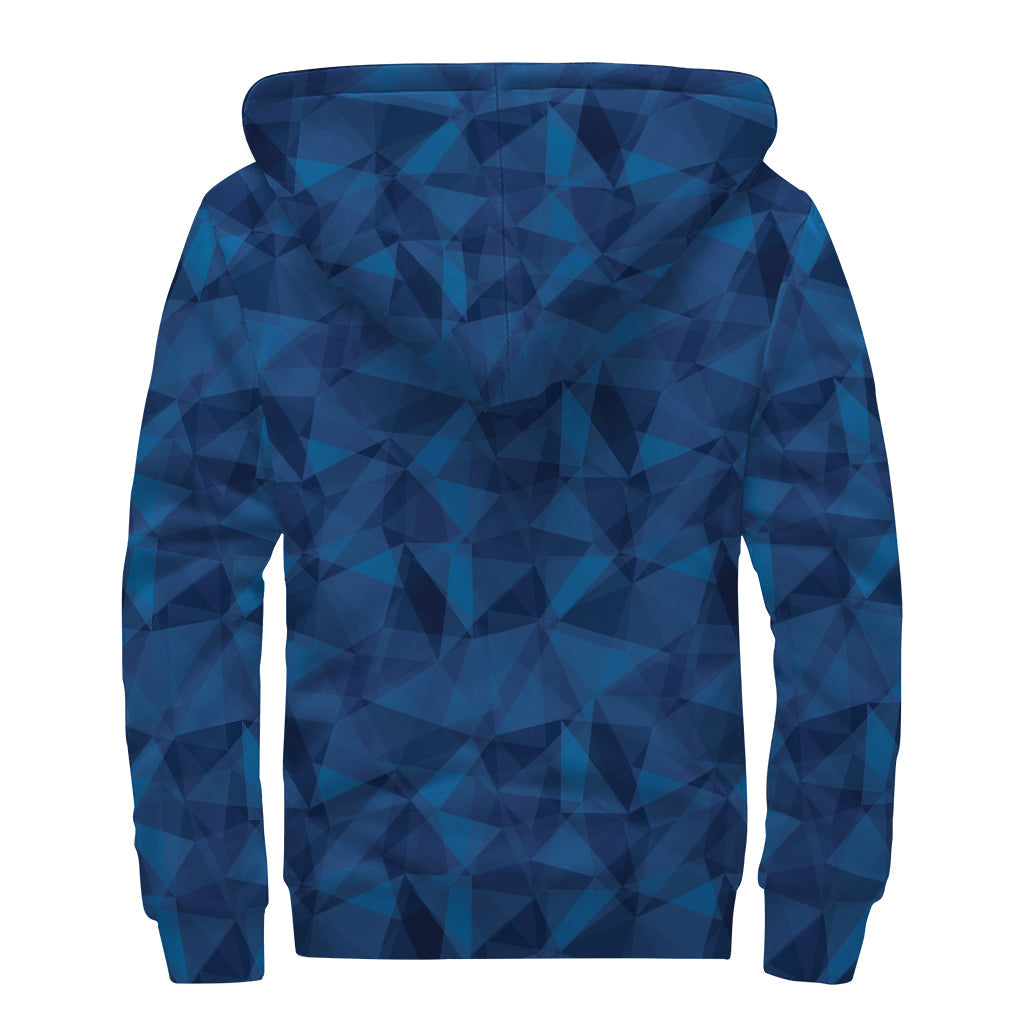 Blue Polygonal Geometric Print Sherpa Lined Zip Up Hoodie: Embrace Your Inner Hippie - 2