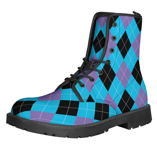 Groovy and Stylish: Blue, Purple, and Black Argyle Print Leather Boots for Hipsters - 1