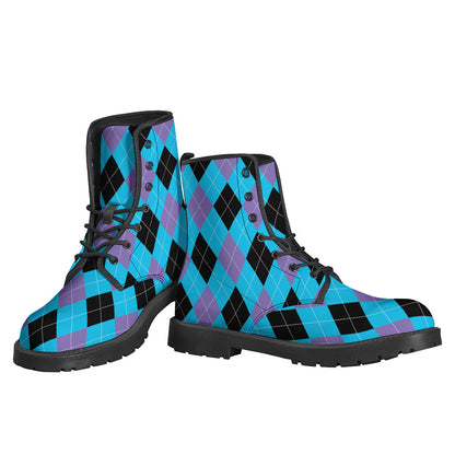 Groovy and Stylish: Blue, Purple, and Black Argyle Print Leather Boots for Hipsters - 3