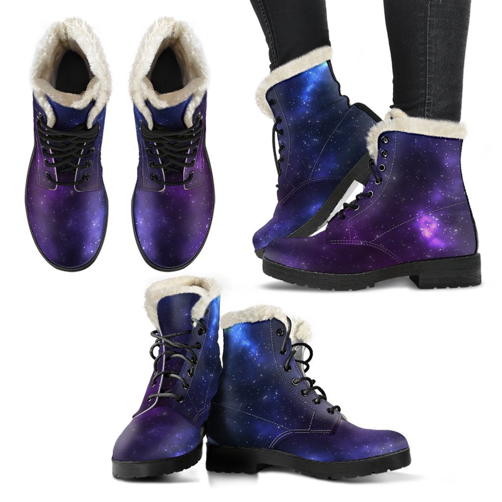 Blue Purple Cosmic Galaxy Space Print Faux Fur Leather Boots for the Stylish Hippie - 2