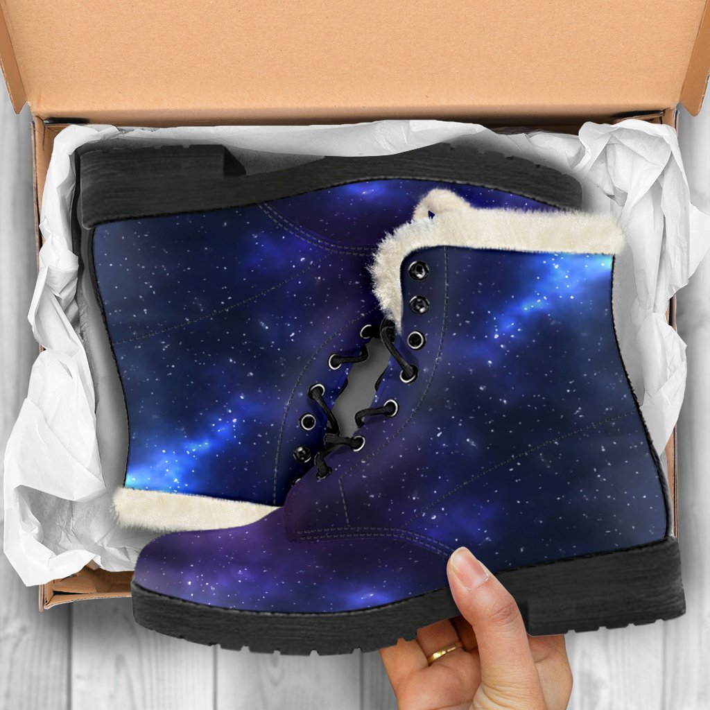 Blue Purple Cosmic Galaxy Space Print Faux Fur Leather Boots for the Stylish Hippie - 5