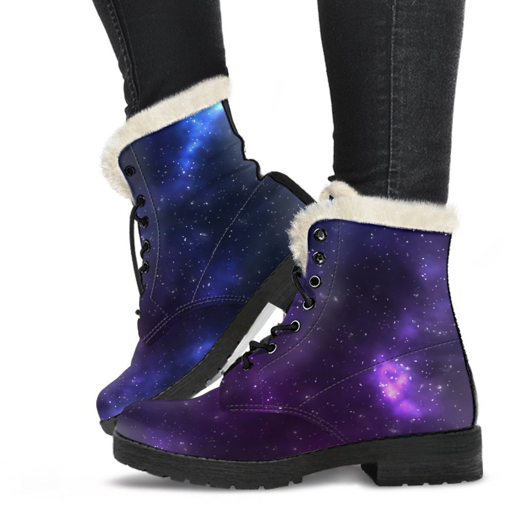 Blue Purple Cosmic Galaxy Space Print Faux Fur Leather Boots for the Stylish Hippie - 1