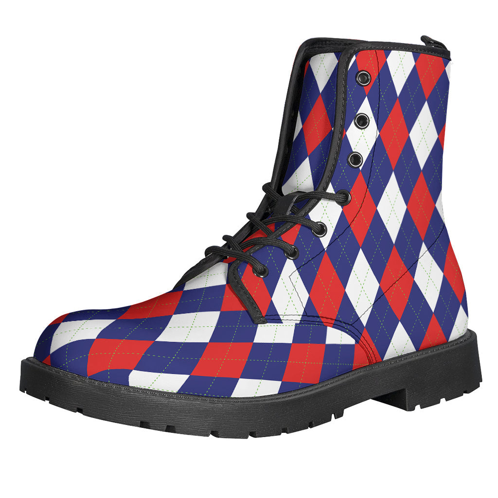 Groovy Vibes: Blue, Red, and White Argyle Pattern Leather Lightweight Boots for Hippies - 1