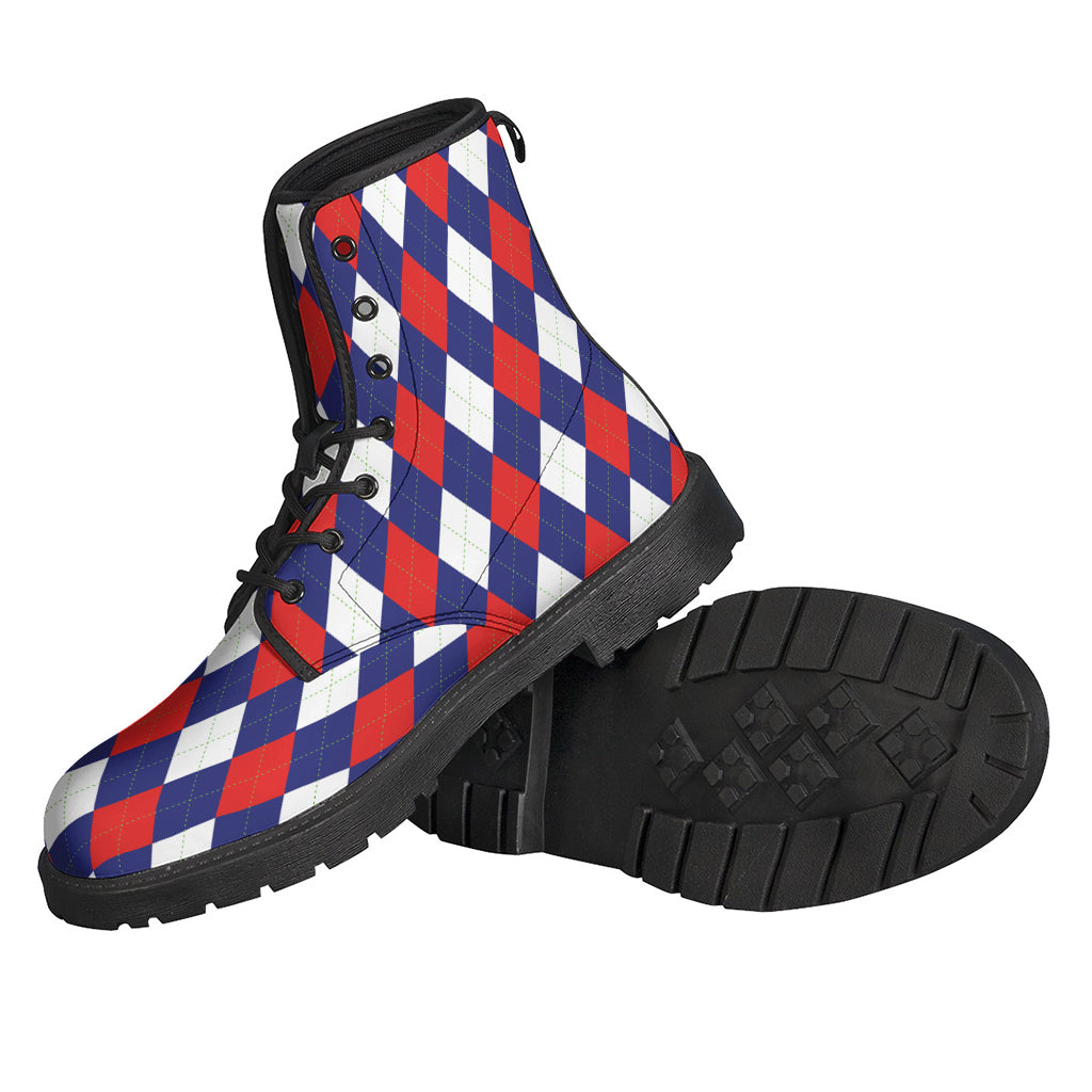 Groovy Vibes: Blue, Red, and White Argyle Pattern Leather Lightweight Boots for Hippies - 2