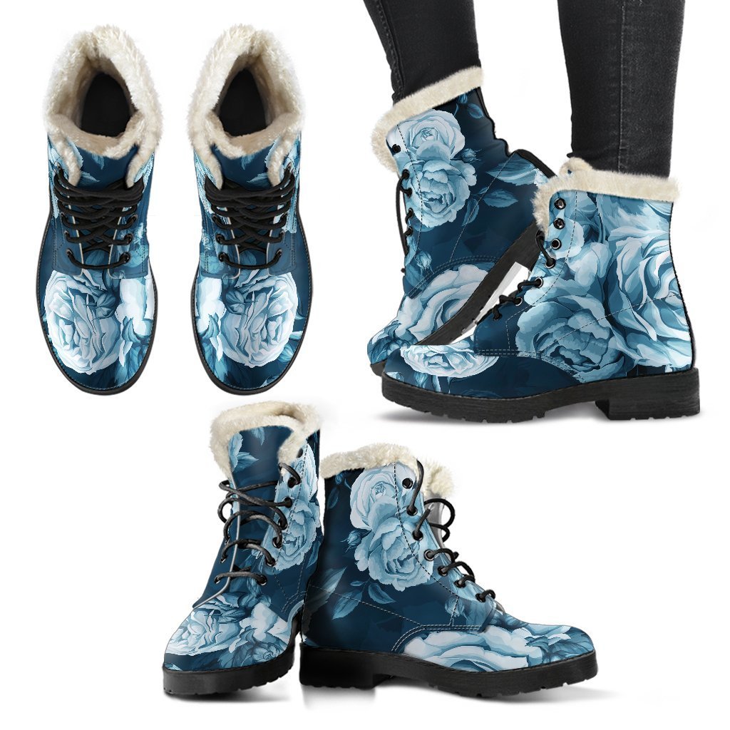 Blue Rose Floral Faux Fur Leather Boots: Step Out in Hippie Style! - 2