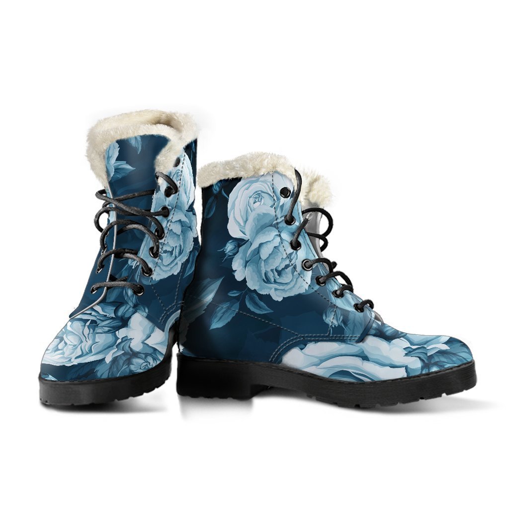 Blue Rose Floral Faux Fur Leather Boots: Step Out in Hippie Style! - 3