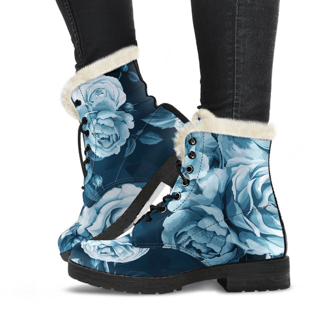 Blue Rose Floral Faux Fur Leather Boots: Step Out in Hippie Style! - 1