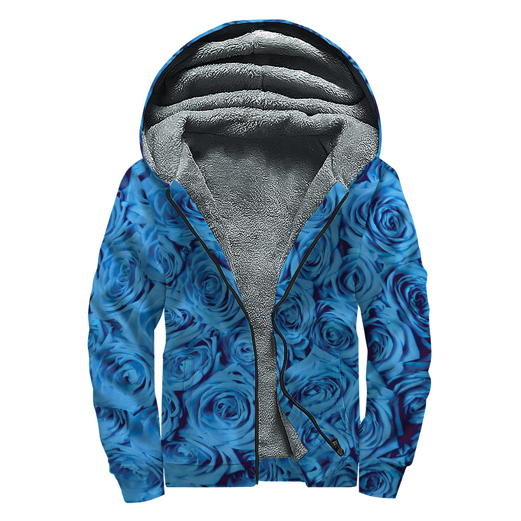 Blue Rose Print Sherpa Lined Zip Up Hoodie: Embrace Your Inner Hippie Style - 1