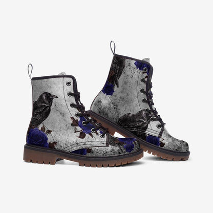 Emerald Blossoms - Blue Rose Raven Crow Casual Leather Lightweight Gothic Combat Boots For Hippies