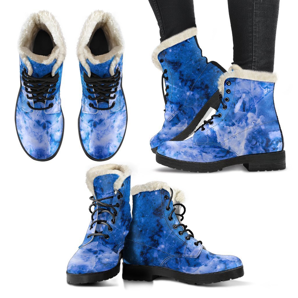 Blue Sapphire Marble Dream Faux Fur Leather Hippie Boots - 2