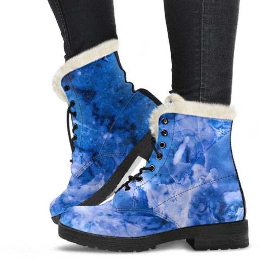 Blue Sapphire Marble Dream Faux Fur Leather Hippie Boots - 1