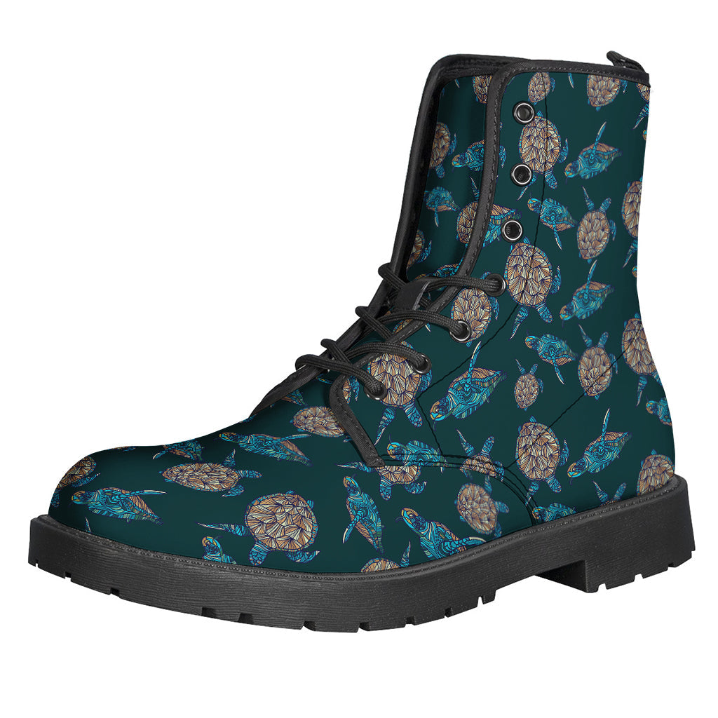 Blue Sea Turtle Pattern Leather Lightweight Boots for the Free-Spirited Hippie - 1