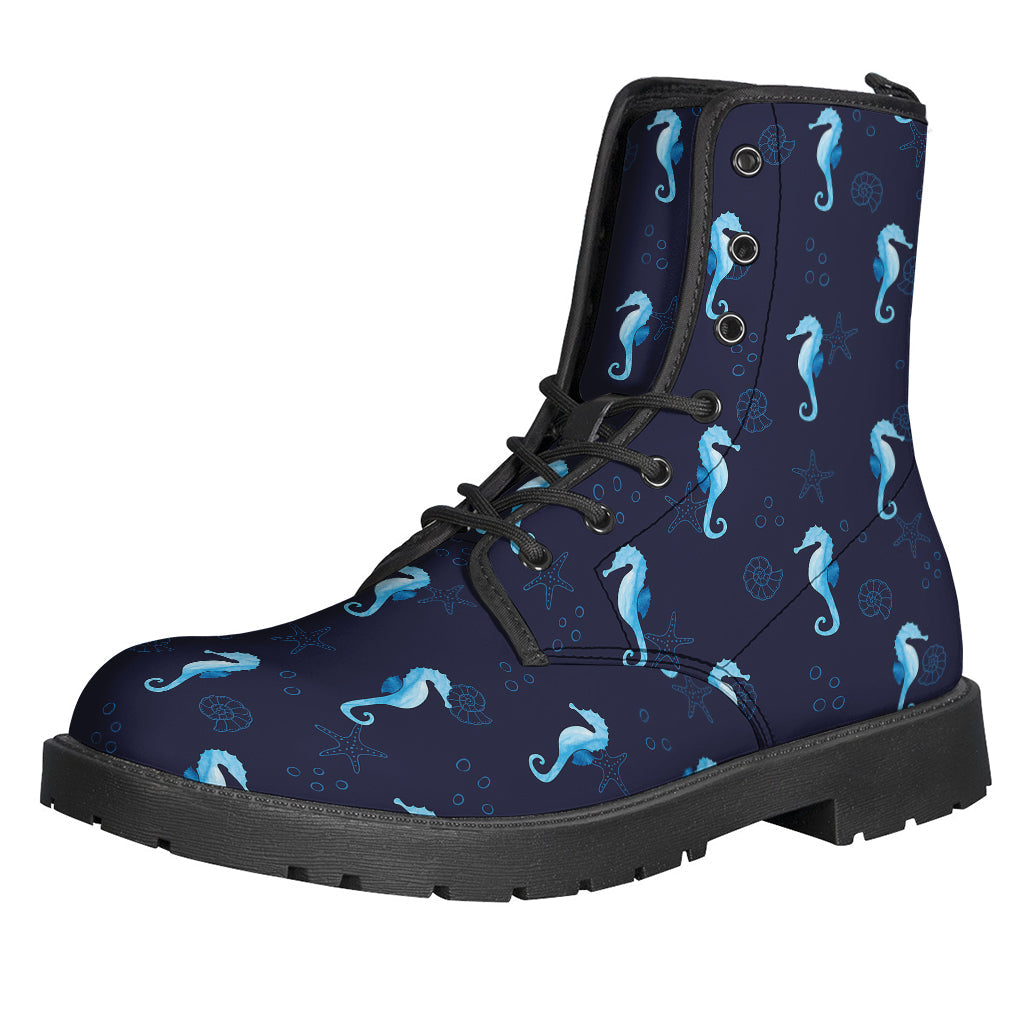 Blue Seahorse Pattern Leather Hippie Boots - 1