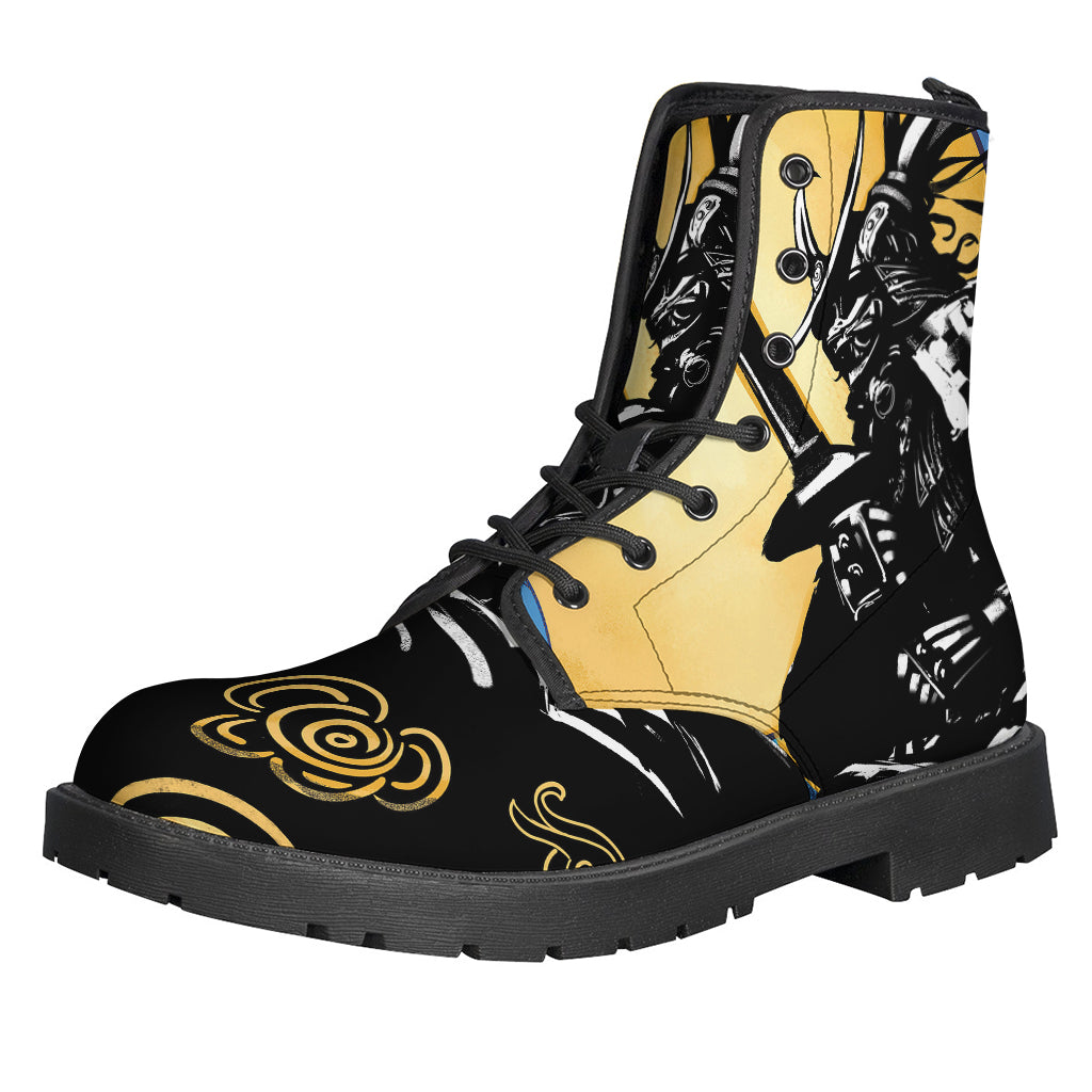 Blue Sky and Golden Sun Samurai Print Leather Boots: Step Out in Hippie Chic Style! - 1