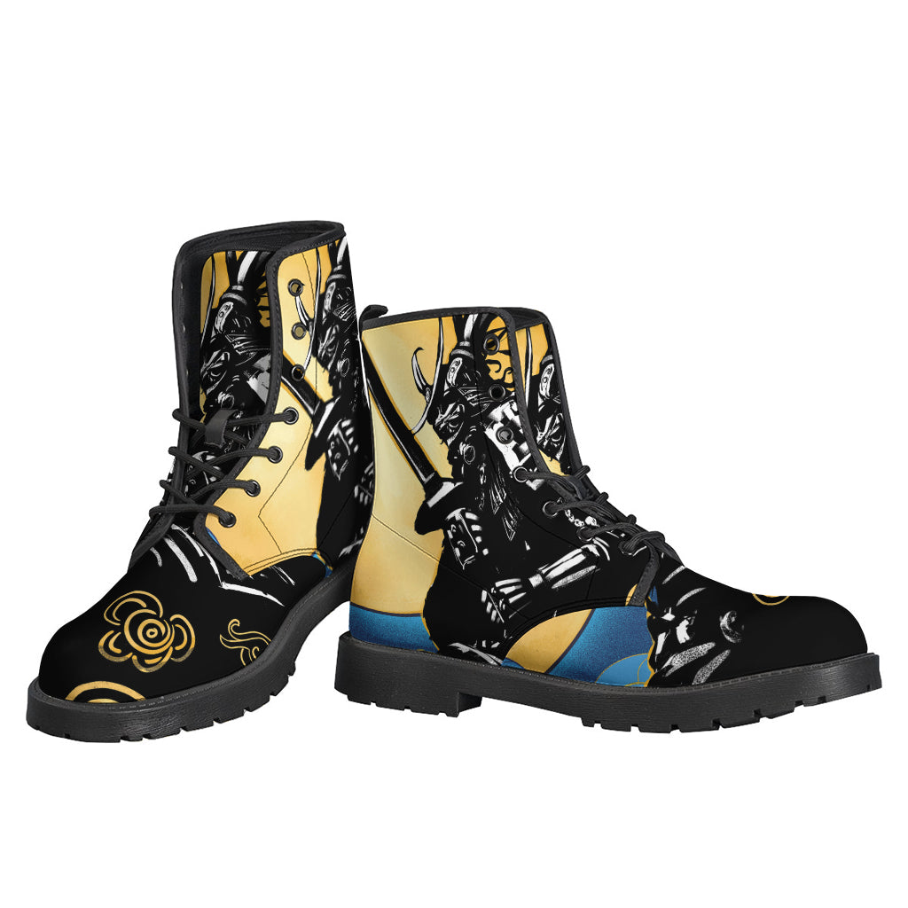 Blue Sky and Golden Sun Samurai Print Leather Boots: Step Out in Hippie Chic Style! - 3