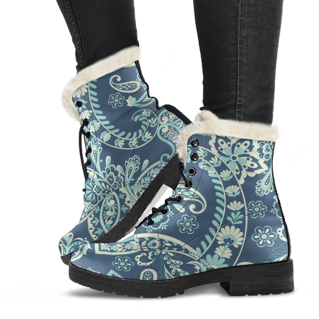 Blue Sky Paisley Bohemian Faux Fur Leather Boots: Embrace Your Inner Hippie Style - 1