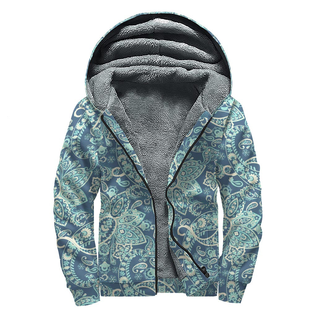 Blue Sky Paisley Bohemian Pattern Sherpa Lined Zip Up Hoodie for Stylish Hippies - 1