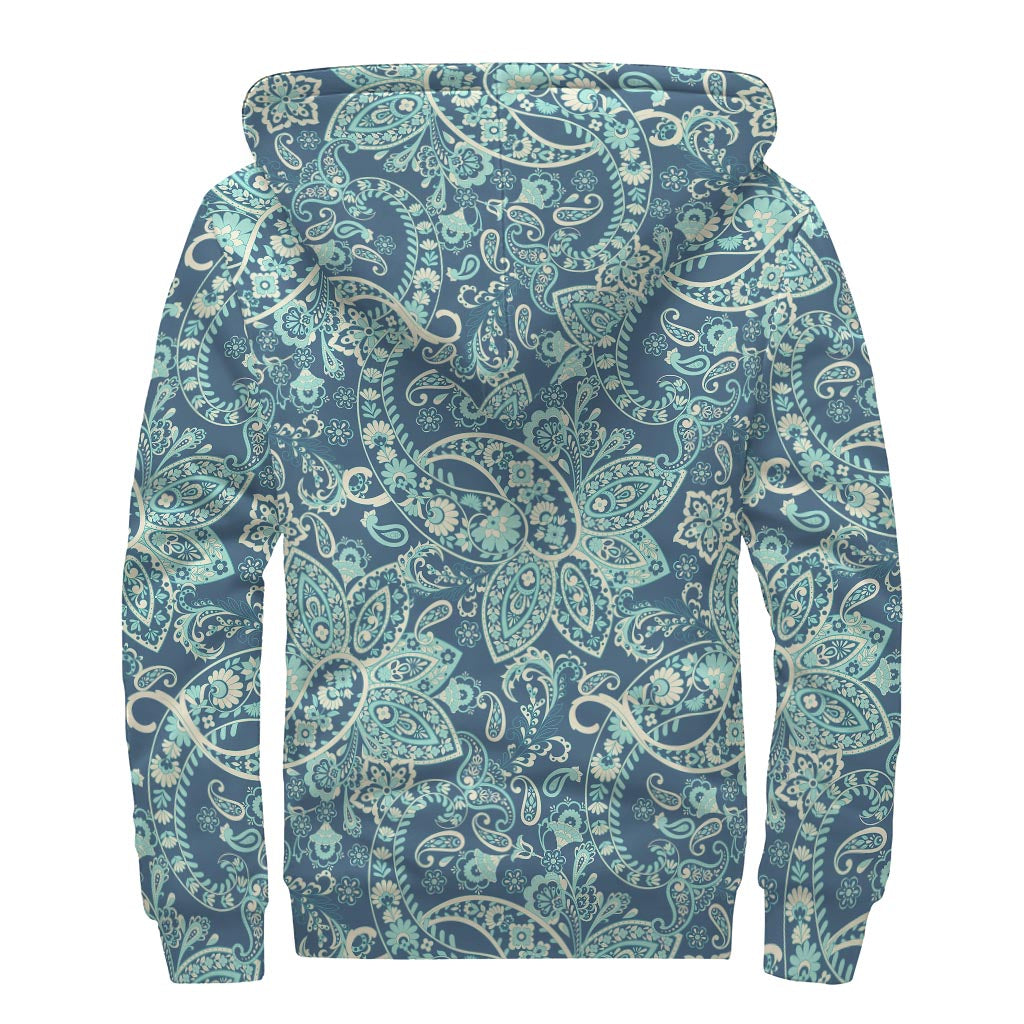 Blue Sky Paisley Bohemian Pattern Sherpa Lined Zip Up Hoodie for Stylish Hippies - 2