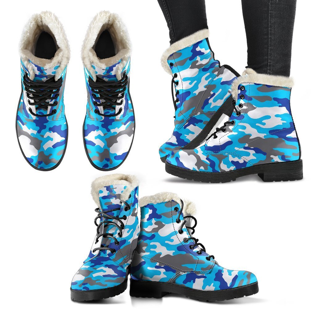 Blue Snow Camouflage Print Faux Fur Leather Boots: Embrace Your Inner Hippie Style! - 2