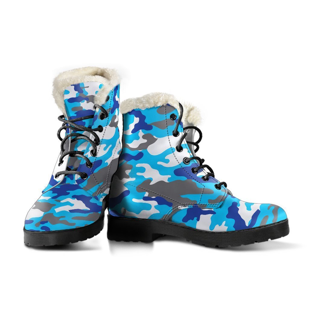 Blue Snow Camouflage Print Faux Fur Leather Boots: Embrace Your Inner Hippie Style! - 3