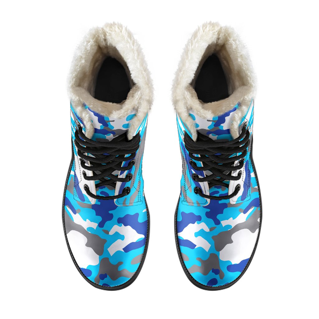 Blue Snow Camouflage Print Faux Fur Leather Boots: Embrace Your Inner Hippie Style! - 4