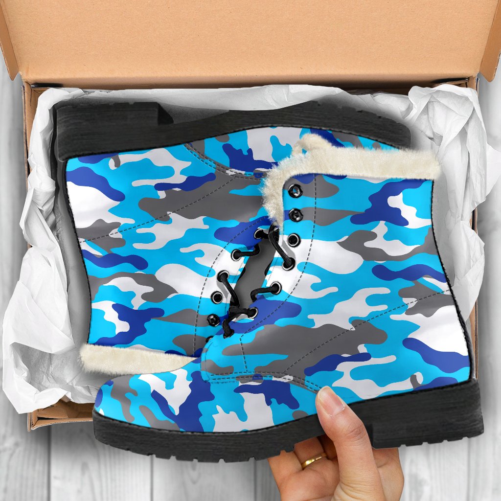 Blue Snow Camouflage Print Faux Fur Leather Boots: Embrace Your Inner Hippie Style! - 5