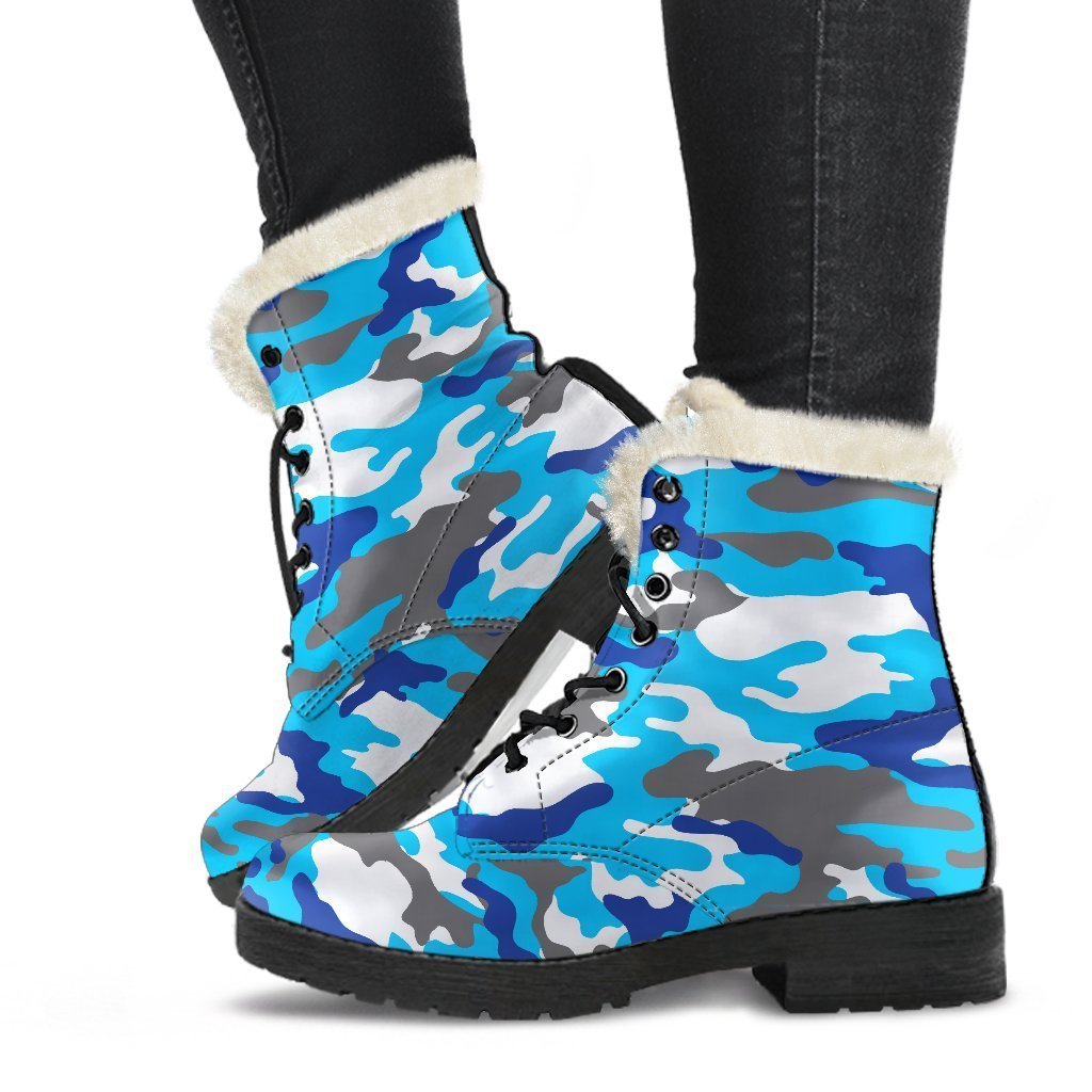 Blue Snow Camouflage Print Faux Fur Leather Boots: Embrace Your Inner Hippie Style! - 1