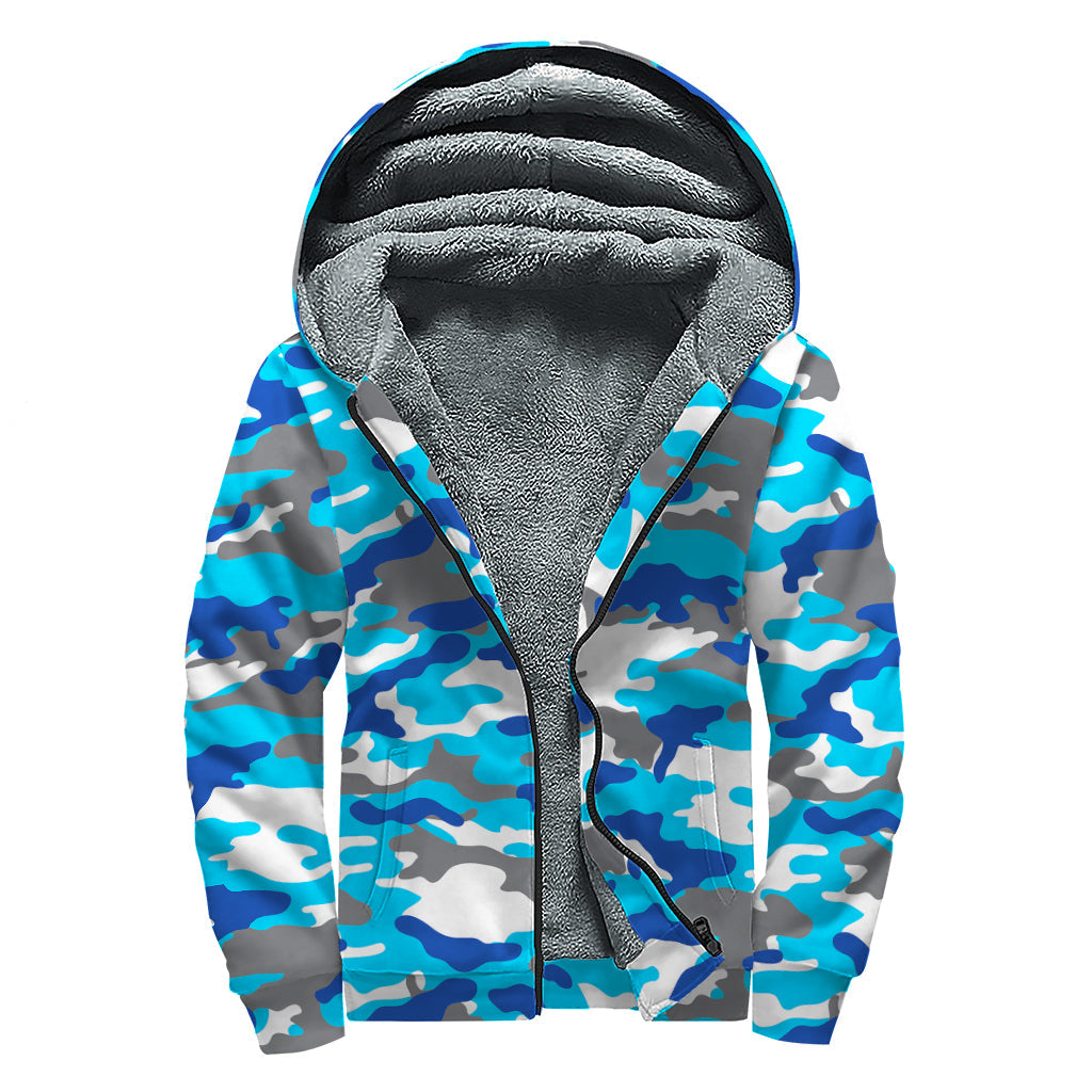 Blue Snow Camouflage Print Sherpa Lined Zip Up Hoodie: Embrace your Inner Hippie Style! - 1