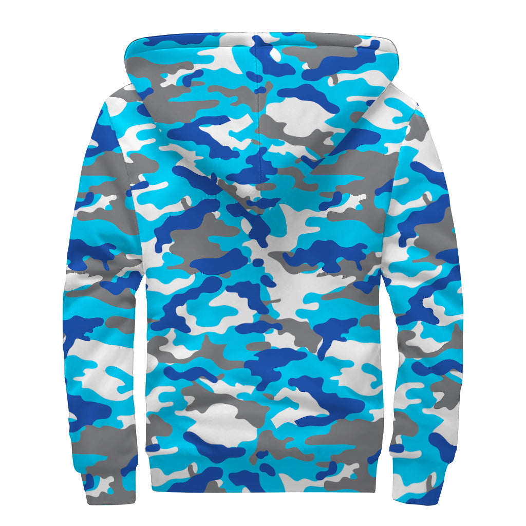 Blue Snow Camouflage Print Sherpa Lined Zip Up Hoodie: Embrace your Inner Hippie Style! - 2