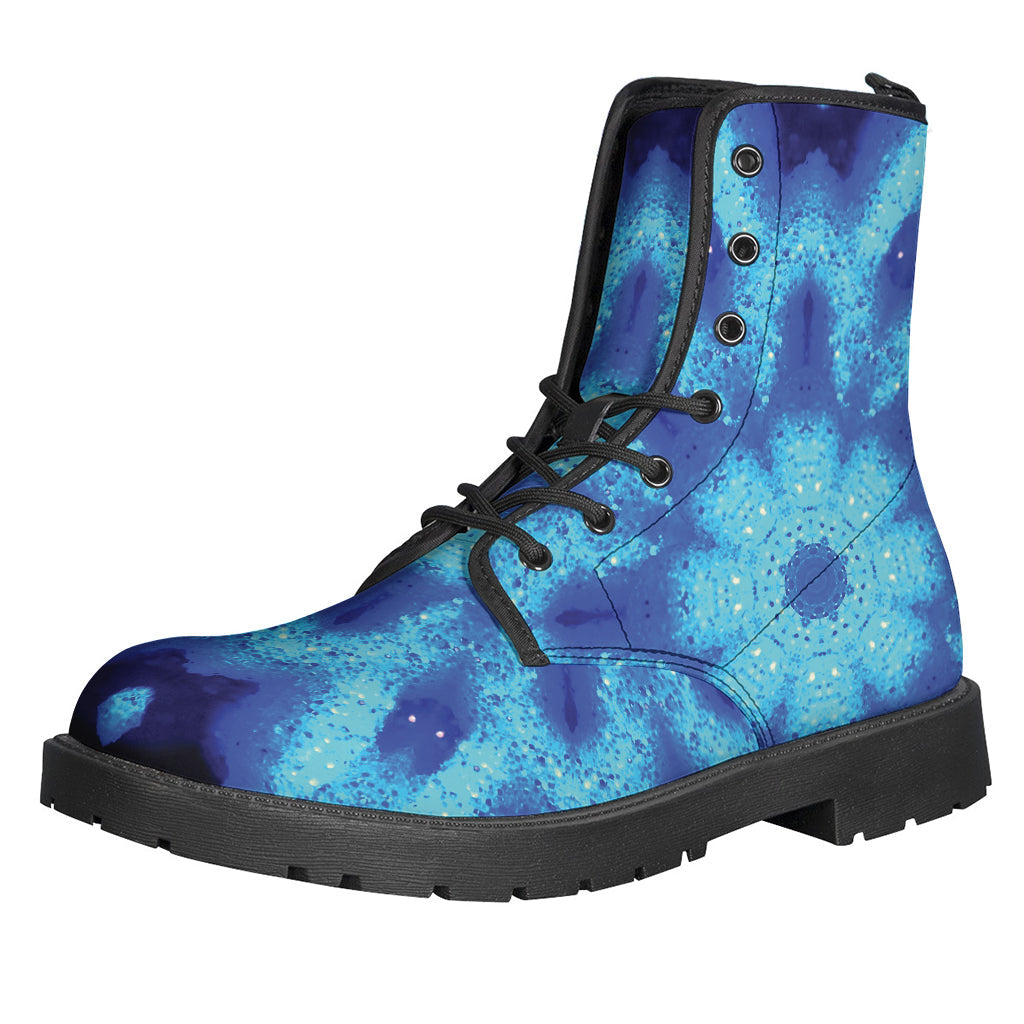 Blue Snowflake Kaleidoscope Print Leather Hippie Boots - 1