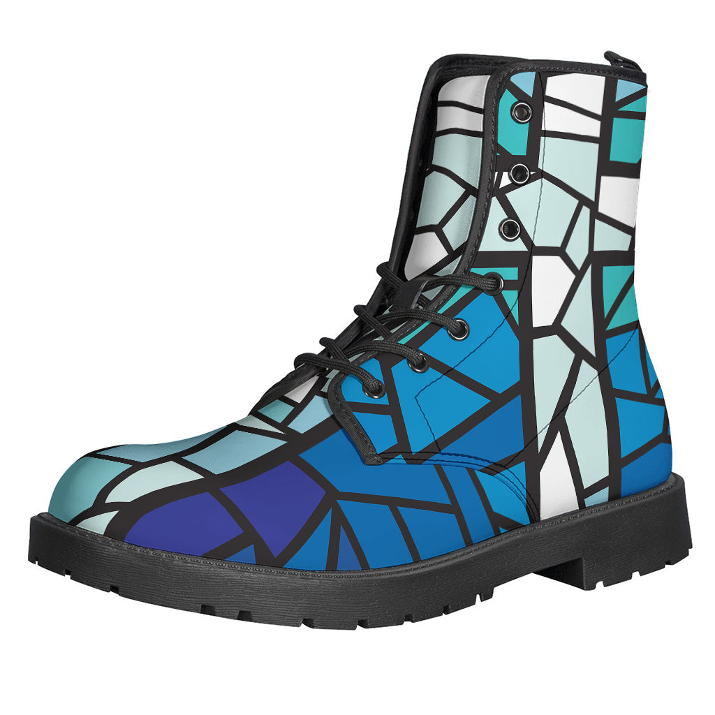 Blue Stained Glass Cross Print Leather Hippie Boots - 1