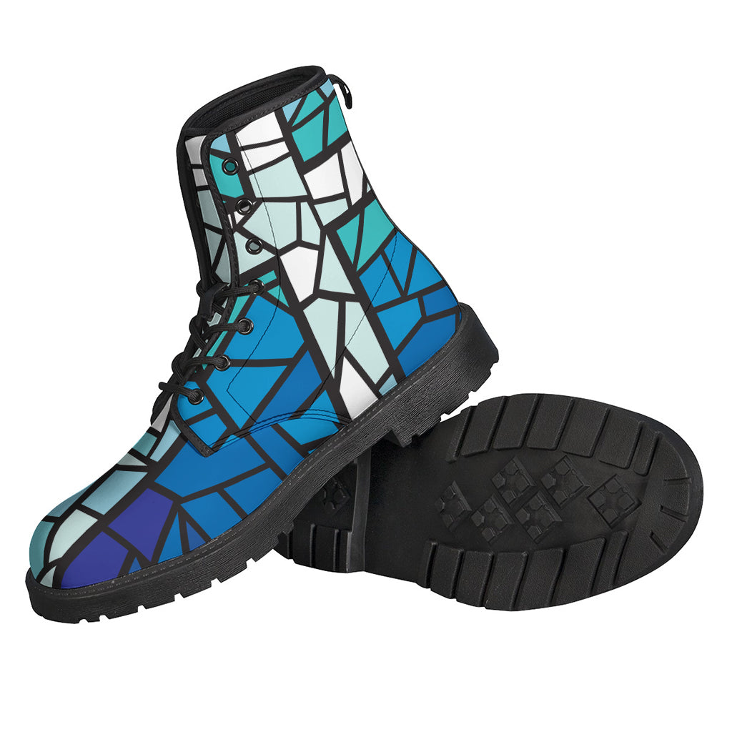 Blue Stained Glass Cross Print Leather Hippie Boots - 2