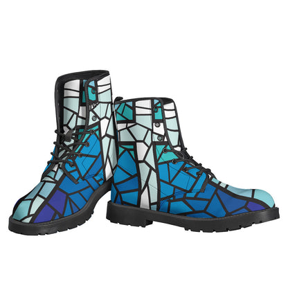 Blue Stained Glass Cross Print Leather Hippie Boots - 3