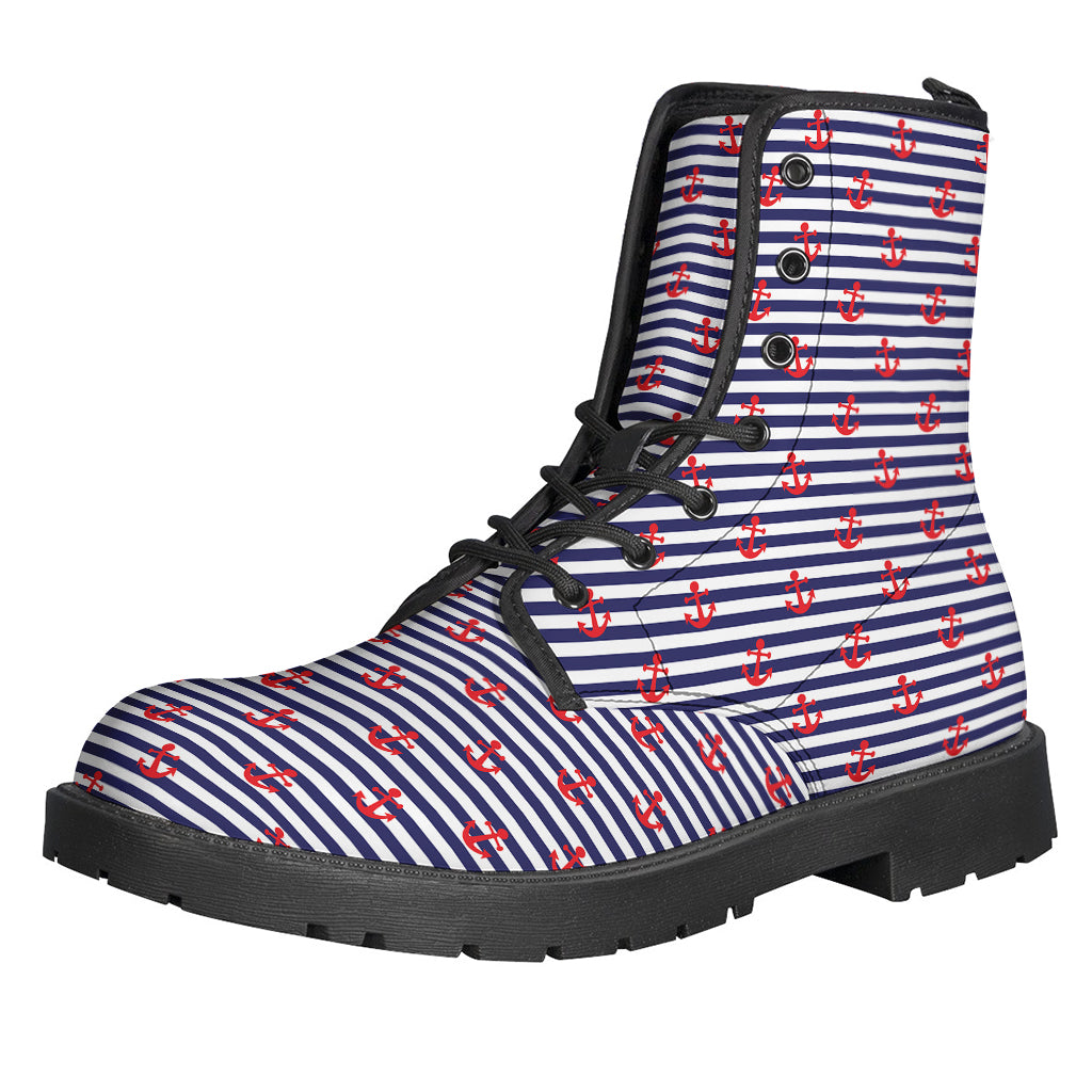 Blue Striped Nautical Anchor Print Leather Lightweight Boots for Free-Spirited Hippies - 1