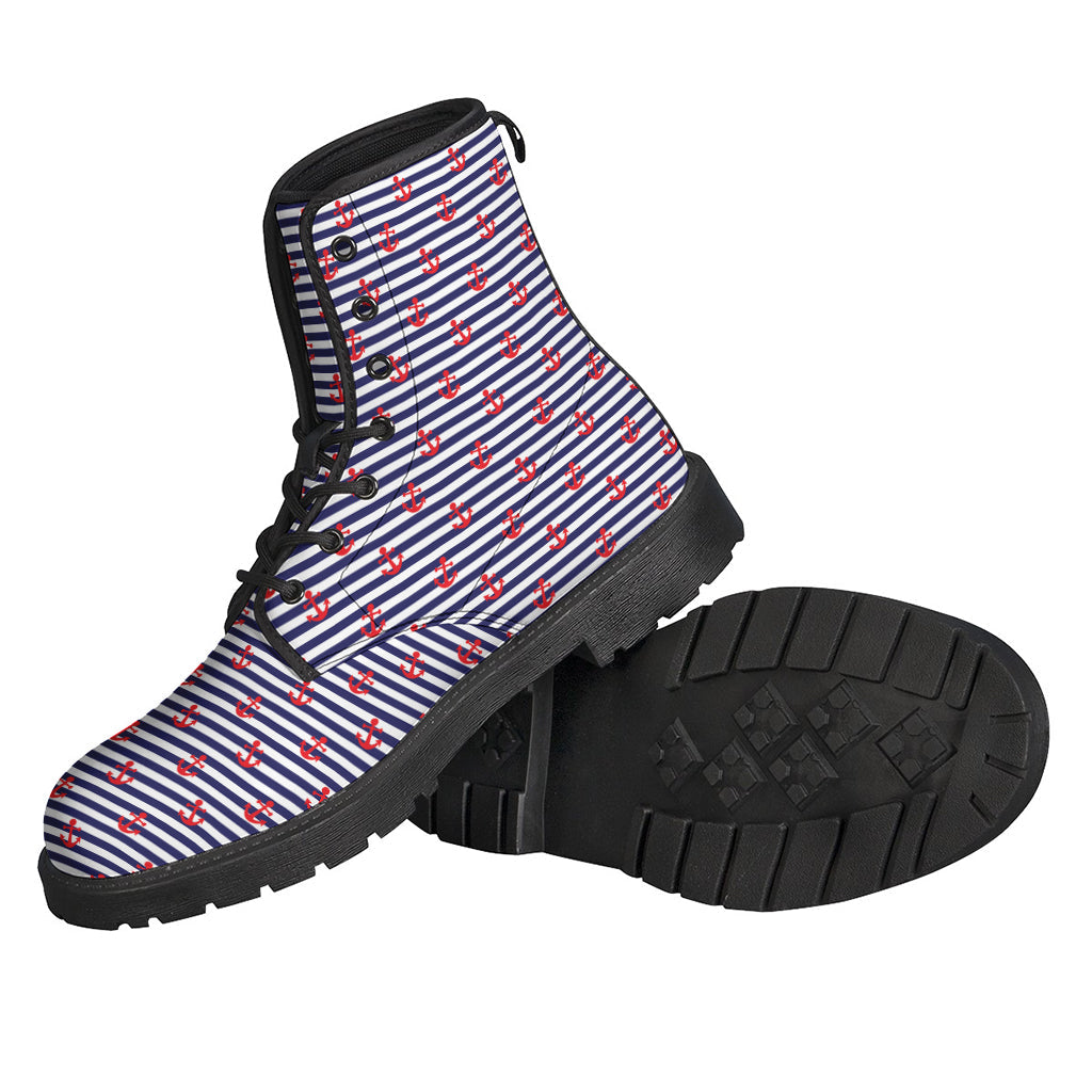 Blue Striped Nautical Anchor Print Leather Lightweight Boots for Free-Spirited Hippies - 2