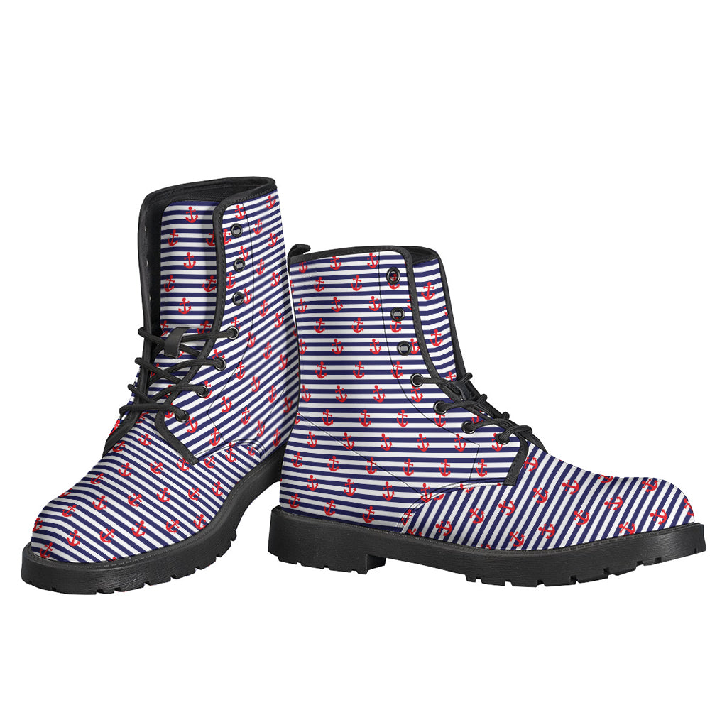 Blue Striped Nautical Anchor Print Leather Lightweight Boots for Free-Spirited Hippies - 3