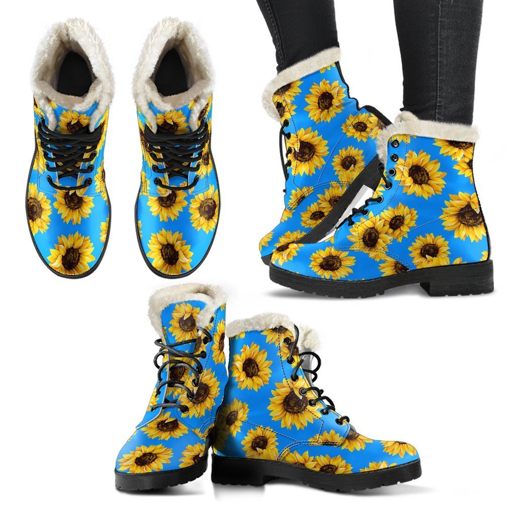 Boho Chic Vibes: Blue Sunflower Pattern Faux Fur Leather Boots - 2