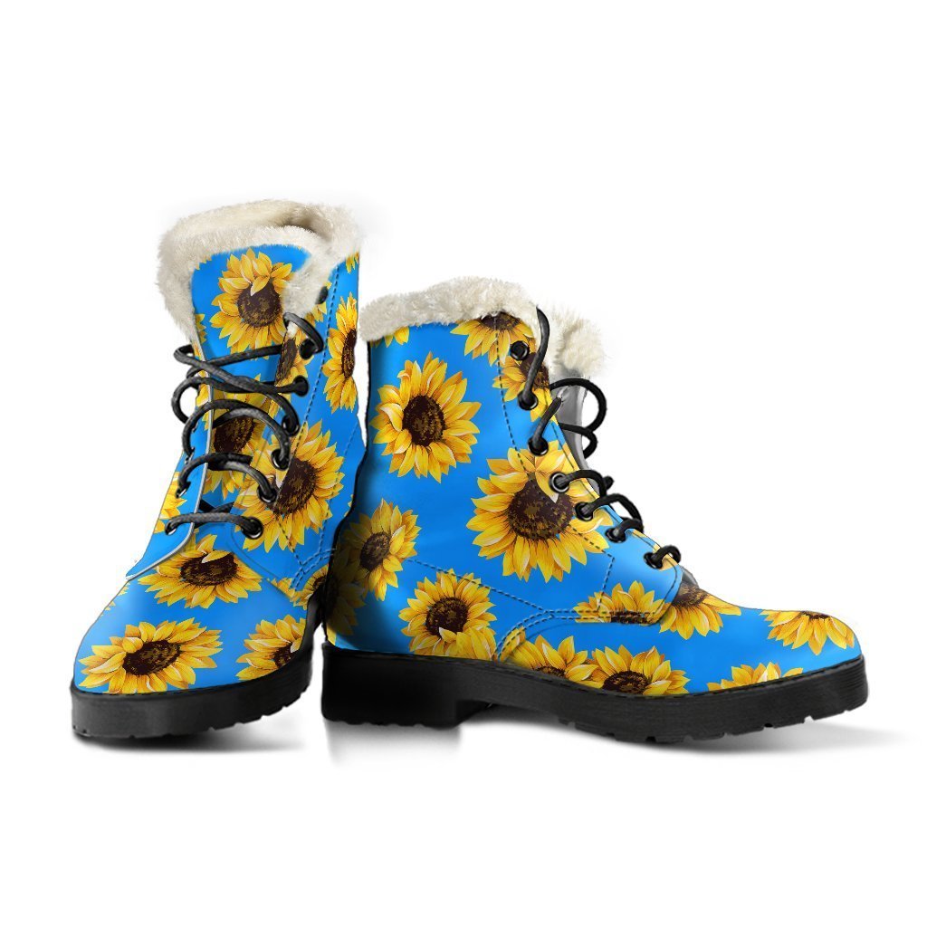 Boho Chic Vibes: Blue Sunflower Pattern Faux Fur Leather Boots - 3